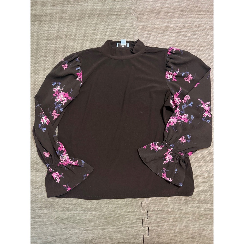 CeCe Womens Black Floral Puff Sleeve Mock Neck Ruffle Cuff Blouse Large